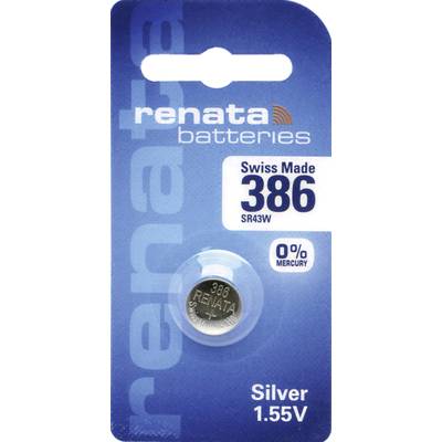 Blisterpackung mit einer Silberoxid-Knopfzelle der Marke 'Renata', Typ '386 SR43W', 1,55V, quecksilberfrei, Swiss Made.