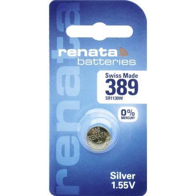 Die Abbildung zeigt eine Renata Batterie, Typ 'Swiss Made 389 SR1130W', mit 0% Quecksilber, auf einer blauen Verpackung.