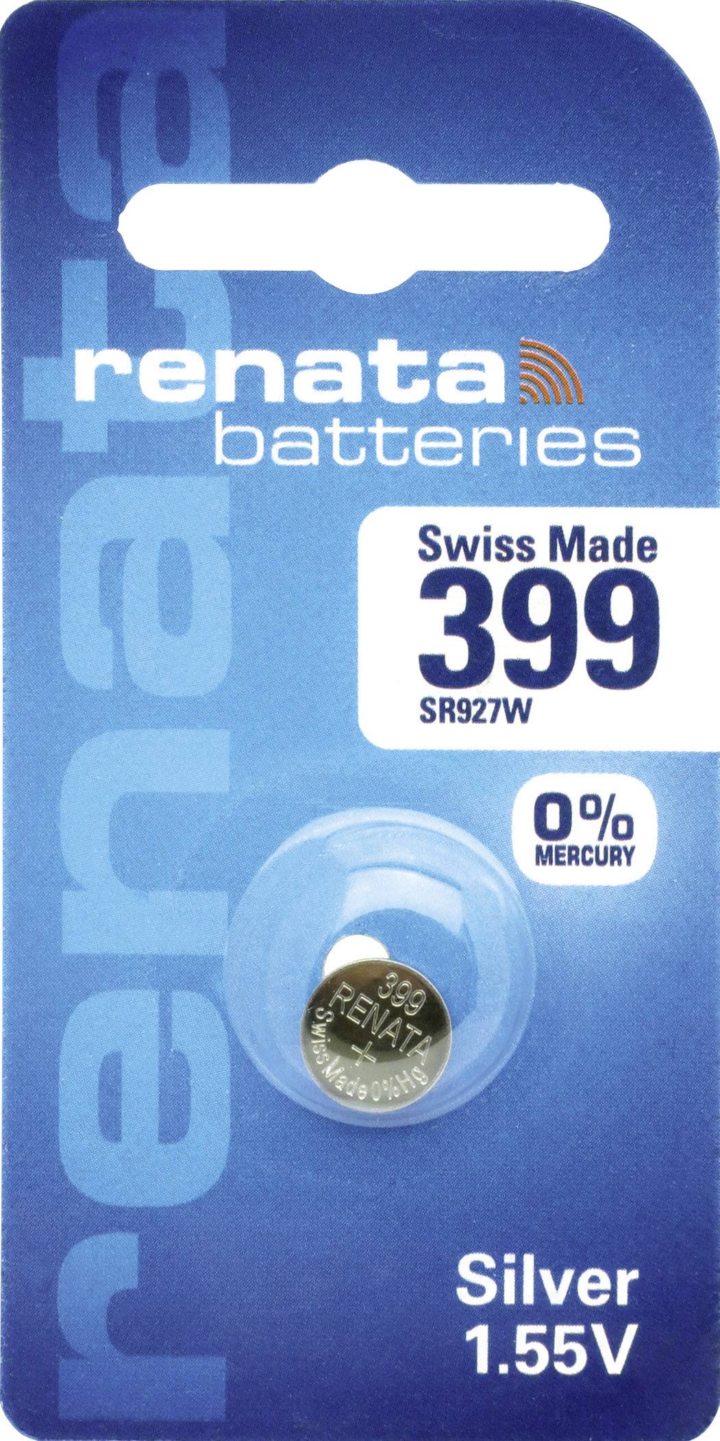 'Renata Batterien, Swiss Made 399 SR927W, 0% Quecksilber, Silber 1,55V' auf Verpackung einer Knopfzellenbatterie abgebildet.