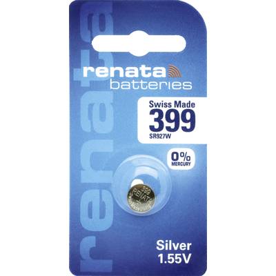 'Renata Batterien, Swiss Made 399 SR927W, 0% Quecksilber, Silber 1,55V' auf Verpackung einer Knopfzellenbatterie abgebildet.