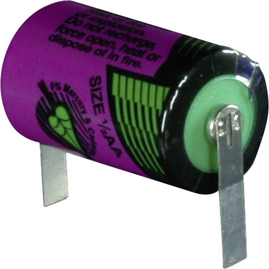 Lila Batterie mit grüner Kappe, Aufschrift 'SIZE 1/4AA', flache Metallkontakte. Warnhinweise nicht erhitzen oder entsorgen im Feuer.