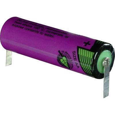 Lila Nickel-Metallhydrid-Akku der Größe AA mit Anschlussfahnen, positiv gekennzeichnet, Warnhinweise und Batterieinformationen aufgedruckt.