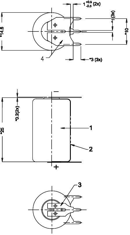 Technische Zeichnung einer Batterie mit Maßen und Beschriftungen. Oben: Rundansicht ø 14,6 mm. Mitte: Seitenansicht Höhe 2,75 mm. Unten: Draufsicht mit Polaritätsangaben.