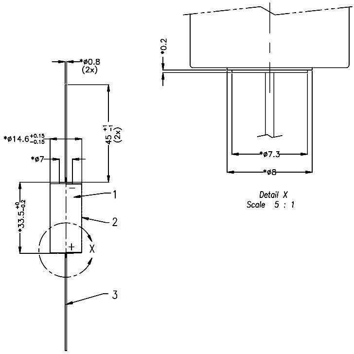 Technische Zeichnung eines Metallteils mit Bemaßungen. Detailansicht zeigt Durchmesser, Länge und Position von Bohrungen. Maßstab 5:1.