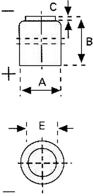 Technische Zeichnung eines zylindrischen Objekts mit drei markierten Maßen: Durchmesser 'A', Höhe 'B', und Deckelstärke 'C'. Draufsicht zeigt Durchmesser 'E'.