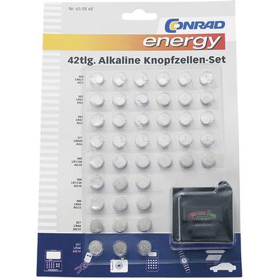 Conrad energy Knopfzellen-Set 6x AG1, 12x AG3, 6x AG4, 9x AG10, 3x AG12, 6x AG13 · Batterie-Tester
