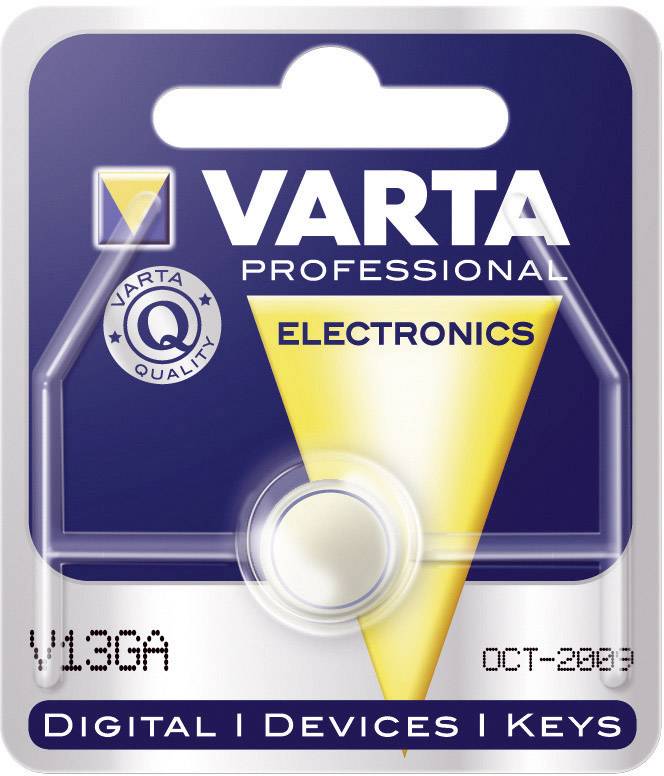 'Varta Professional Electronics' Batterieverpackung, Modell V13GA, Okt 2003, geeignet für digitale Geräte, Schlüssel, mit Varta-Qualitätslogo.