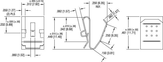 Technische Zeichnung eines Bauteils mit Maßen in Zoll und Millimetern. Zeigt Draufsicht, Seitenansicht und Perspektivansicht.