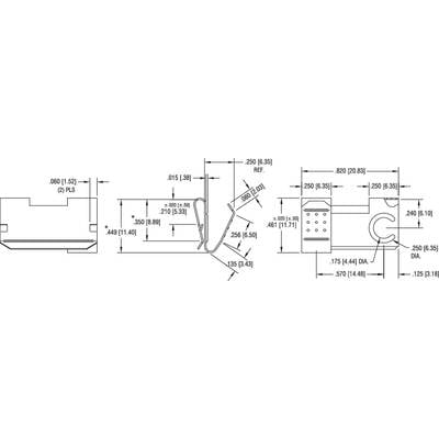 Technische Zeichnung eines Bauteils mit Maßen in Zoll. Zeigt Seiten-, Schnitt- und Vorderansicht mit detaillierten Abmessungen und Winkeln.