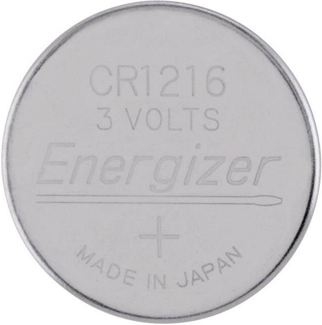 Silberne Knopfzellenbatterie mit Gravur 'CR1216 3 Volts, Energizer, Made in Japan'.