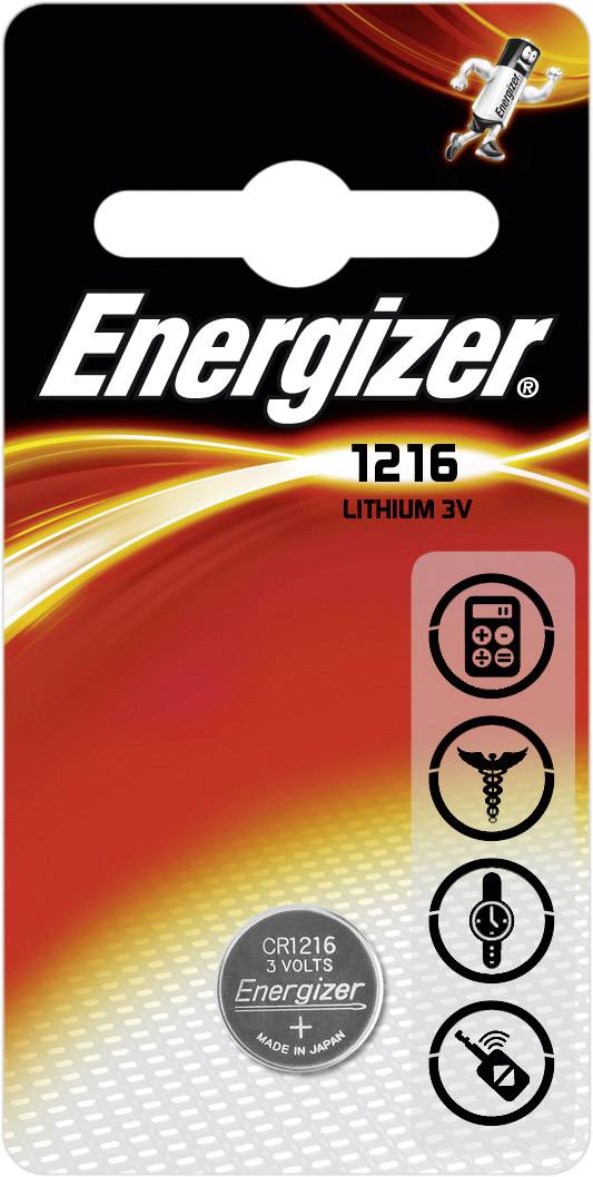 Batterieverpackung von Energizer, Modell 1216, Lithium 3V. Geeignet für Fernbedienung, Medizinprodukte und Thermometer. Made in Japan.