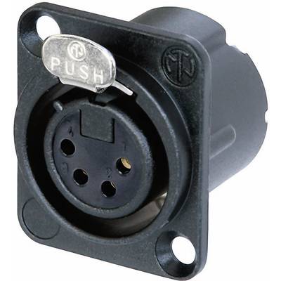 'Eine schwarze 3-polige XLR-Buchse mit silbernem Druckknopf, beschriftet mit PUSH, zum Verriegeln und Lösen eines XLR-Steckers.'