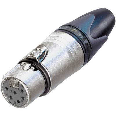 XLR-Stecker mit Metallgehäuse und schwarzem Kunststoffkopf, verwendet für professionelle Audioverbindungen.