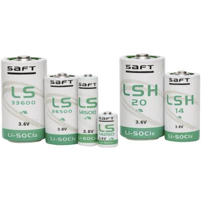 Verschiedene Größen von weißen Batterien mit der Aufschrift 'SAFT' und grüner Markierung. Verschiedene Modelle: LS 33600, LS 26500, LS 14500, LS 14250, LSH 20, LSH 14.