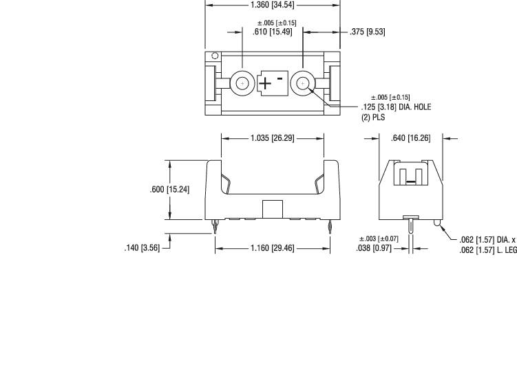Technische Zeichnung eines Clip-Kontakts mit Bemaßungen in Zoll, zeigt Draufsicht, Seitenansicht und Vorderansicht des Bauteils.