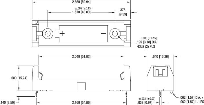 Technische Zeichnung einer Halterung mit Abmessungen in Zoll und Millimeter. Markiert sind Bohrungen, Höhen und Längen verschiedener Teile.
