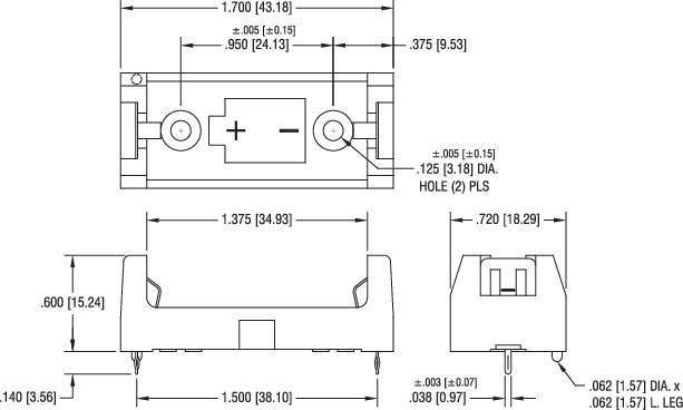 Technische Zeichnung eines elektrischen Bauteils mit Maßen in Zoll. Zeigt Front-, Seiten- und Draufsicht mit elektrischen Anschlüssen.