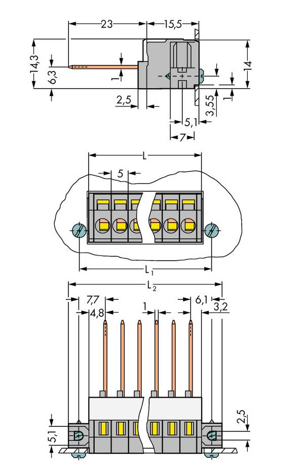 WAGO 731-136/048-000 Federkraftklemmblock 2.50 mm² Polzahl 6 Grau 25 St.