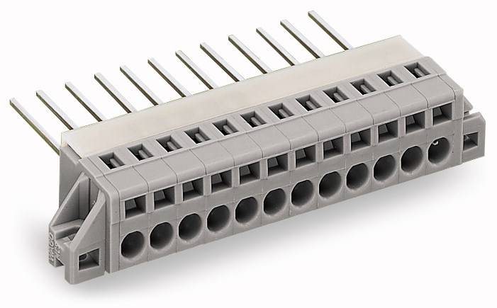 Ein grauer Steckverbinder mit mehreren Eingängen und herausragenden Metallschienen, geeignet für elektronische Verbindungen.