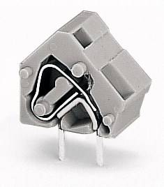 Grauer elektrischer Steckverbinder mit zwei Metallstiften, verwendet für elektronische Schaltungen.