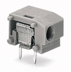 Grauer elektrischer Steckverbinder mit zwei Metallstiften und Klemmen zur Montage auf Leiterplatten, für elektronische Schaltungen.