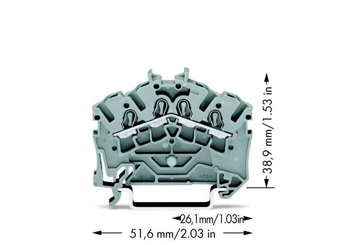 Ein grauer elektrischer Anschlussblock mit Maßen: 26,1 mm Breite, 51,6 mm Länge, 38,9 mm Höhe.
