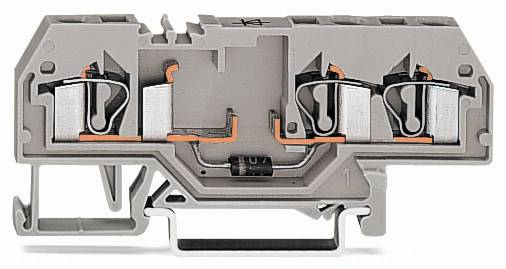 Ein Querschnitt eines grauen Klemmenblocks, der interne Metallverbindungen und Klemmen zeigt, geeignet für Elektronik-Anwendungen.