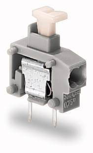 Kleiner grauer Mikroschalter mit zwei Metallstiften und einem cremefarbenen Taster auf der Oberseite, geeignet für elektronische Geräte.