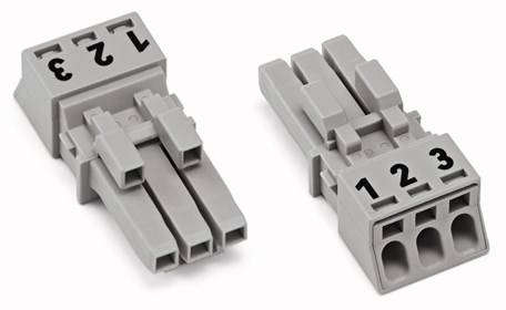 Zwei graue Steckverbinder mit jeweils drei nummerierten Anschlüssen (1, 2, 3) für elektrische Verbindungen.