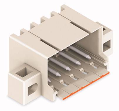 Ein rechteckiger, zweireihiger Steckverbinder mit fünf Metallstiften und Kunststoffgehäuse in Beige, Ansicht von vorne.