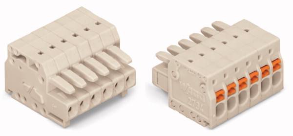 Zwei beige Steckverbinder mit mehreren Anschlüssen. Der rechte zeigt orangen Einsatz in den Öffnungen, geeignet für elektrische Verbindungen.