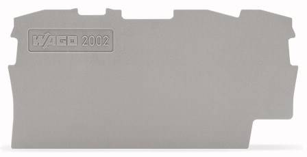 Graue Abdeckplatte mit der Aufschrift 'WAGO 2002', verwendet für die Isolierung und Trennung in elektrischen Anschlussklemmen.