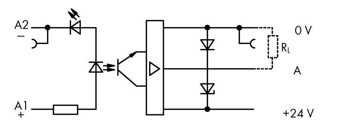 'Schaltplan zeigt Verbindung von Spannungsquelle (+24V) mit Last (R_L); enthält Dioden, Widerstand und Transistor. A1 ist positiv, A2 ist negativ.'