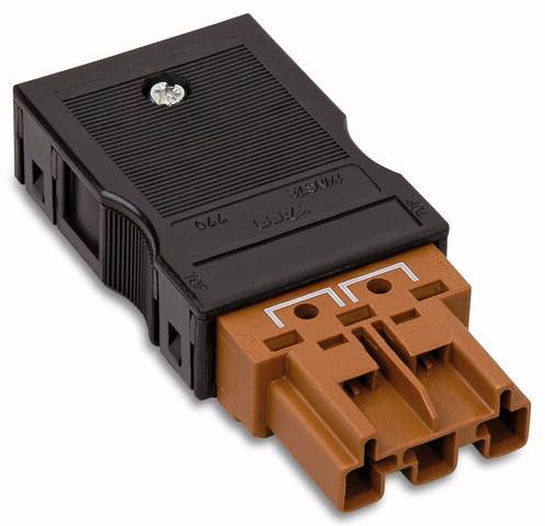 Steckverbinder mit schwarzem Gehäuse und braunem Anschlussblock, geeignet für elektrische Verbindungen in technischen Anwendungen.