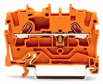 Oranger Klemmenblock, elektrische Anschlussklemme, mit Metallteilen zur Befestigung und Leitung von Kabeln in Elektroinstallationen.