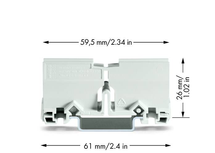 Ein grauer elektrischer Schaltkasten mit Maßen: Breite 61 mm, Höhe 26 mm, Tiefe 59,5 mm in Millimetern und Zoll angegeben.