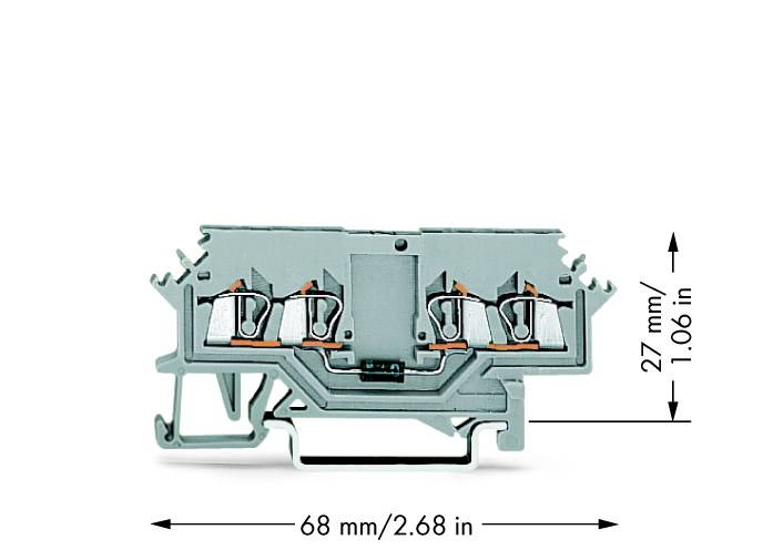 Klemmenblock, 68 mm lang und 27 mm hoch, zeigt die Drahtanschlüsse und mechanische Struktur.