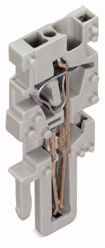 Graue Elektro-Verbindungsklemme in Seitenansicht, zeigt interne Metallleiter und Kunststoffgehäuse, gebrauchsfertig im industriellen Kontext.
