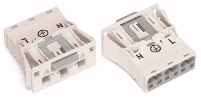 Zwei weiße elektrische Anschlussklemmen mit Bezeichnungen 'N' und 'L'; links Stecker mit zwei Eingängen, rechts mit vier Ausgängen.