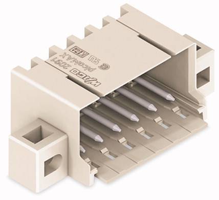 Ein rechteckiger, cremefarbener elektrischer Stecker mit mehreren Metallkontakten, der zur Verbindung elektronischer Komponenten dient.