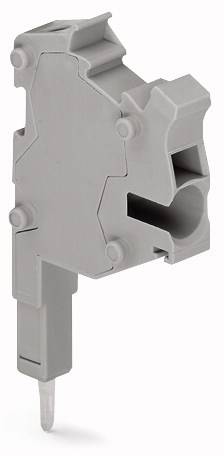 Grauer Kunststoff-Steckverbinder mit Steckmechanismus und rechteckigen Formen.