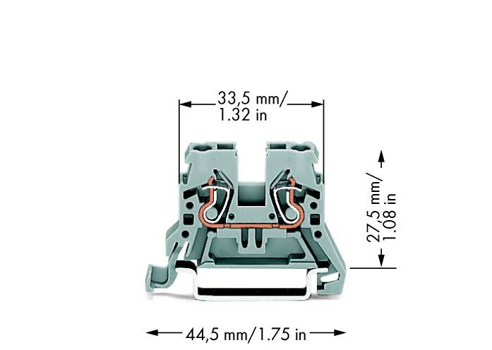 Schnittansicht eines Klemmblocks mit Abmessungen von 33,5 mm x 27,5 mm x 44,5 mm. Kupferverbindungen sichtbar.