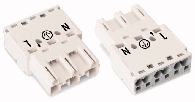 Zwei weiße Steckverbinder mit Erdungssymbolen und den Buchstaben 'N' und 'L' für elektrische Anschlüsse.