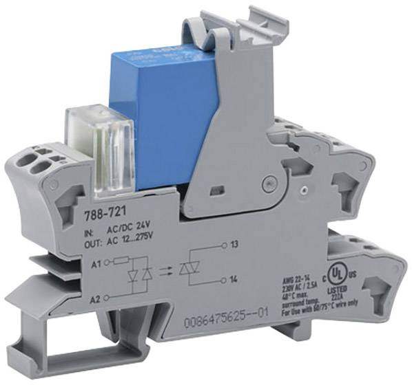 Ein graues Relaismodul für die Hutschienenmontage. Eingangs- und Ausgangsanschlüsse sind beschriftet. Geeignet für AC/DC 24V. UL-zertifiziert.