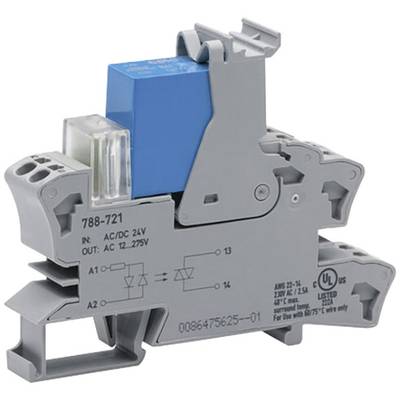Ein graues Relaismodul für die Hutschienenmontage. Eingangs- und Ausgangsanschlüsse sind beschriftet. Geeignet für AC/DC 24V. UL-zertifiziert.