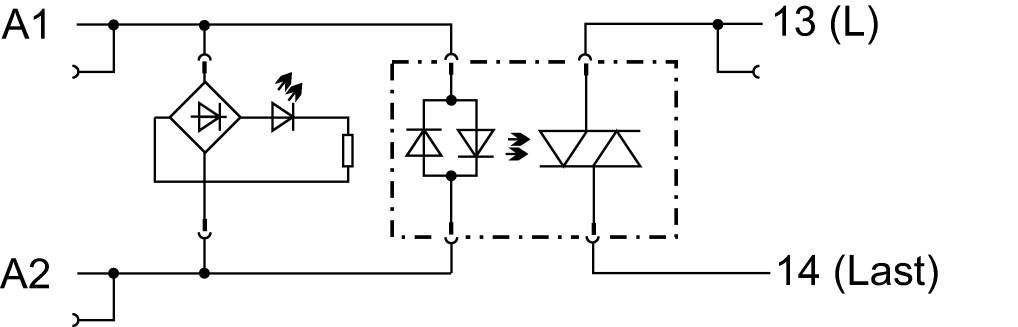 Schaltsymbol eines Relais mit Spule, Dioden und Schaltern zwischen Anschlüssen A1, A2, 13(L) und 14(Last).
