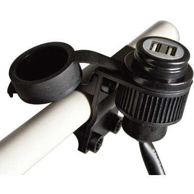 Ein schwarzes USB-Ladegerät mit zwei Anschlüssen ist an einem weißen Fahrradlenker befestigt.