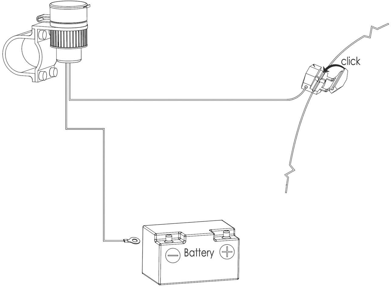 Schema einer elektrischen Schaltung: Batterie verbunden mit einer Komponente über einen Schalter, der mit 'click' markiert ist.