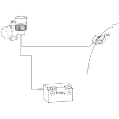 Schema einer elektrischen Schaltung: Batterie verbunden mit einer Komponente über einen Schalter, der mit 'click' markiert ist.