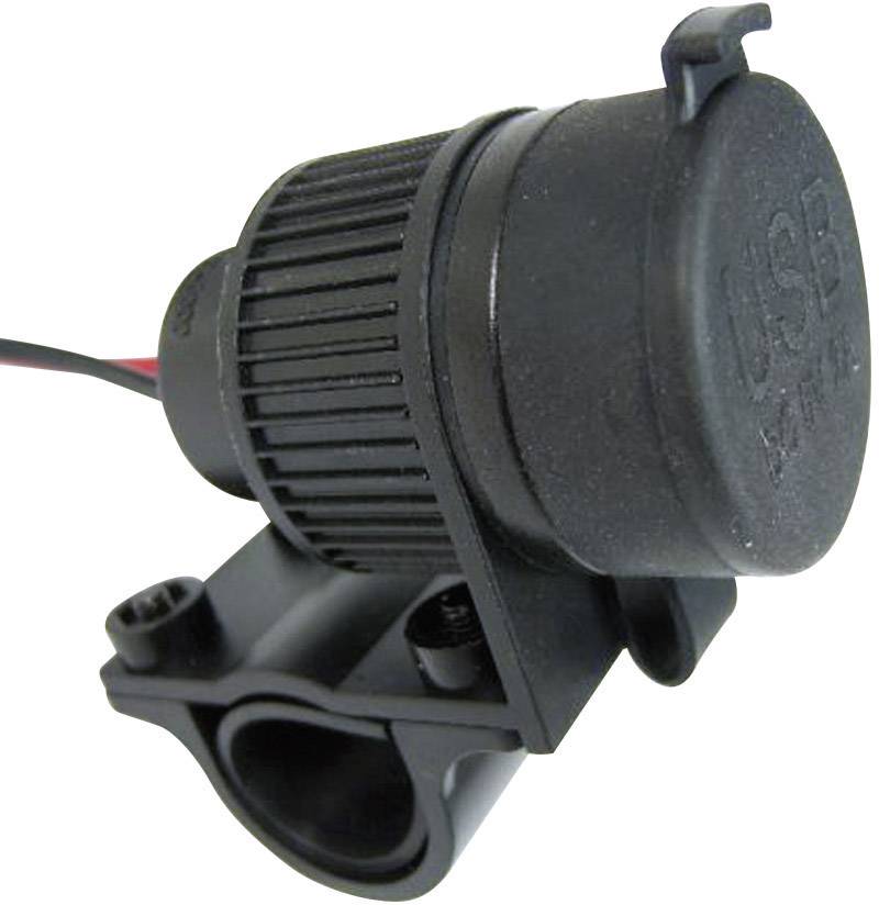 Schwarzer USB-Anschluss in runder, wetterfester Abdeckung mit Kabelanbindung, geeignet zur Befestigung an Rohren oder Rahmen.